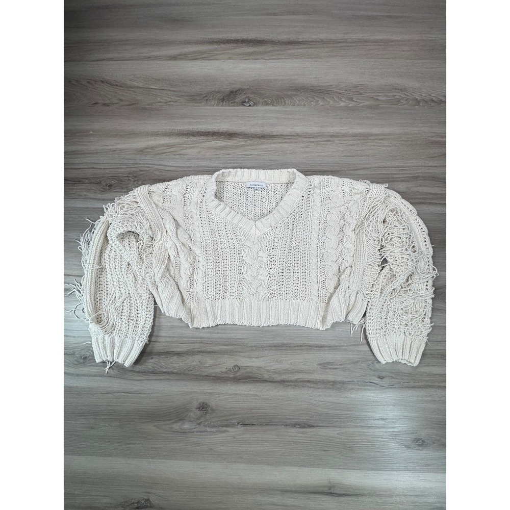 hooked up Cream Cable Knit Fringe Cropped‎ Sweater WMNS S Cottagecore fairycore